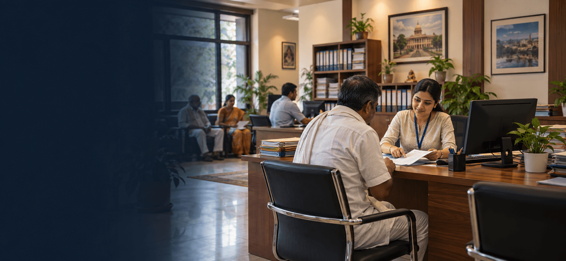 An office staff member reviewing a citizen request with a visitor